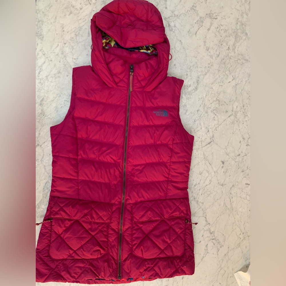 North Face Vest - extra long length with bold leopard print inside